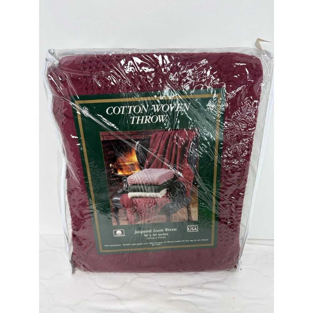 New Jacquard Cotton Loom Woven Throw Blanket Burgundy Solid Color USA Vintage